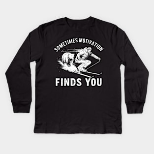 Sometimes Motivation Finds You Tee - Bear Funny Skiing Kids Long Sleeve T-Shirt